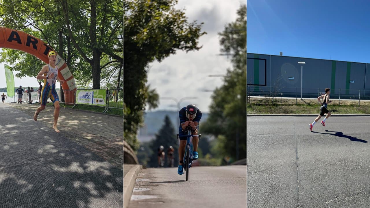 Zawodnicy Gierach Team podczas zawodów triathlonowych - pływanie, rower i bieg