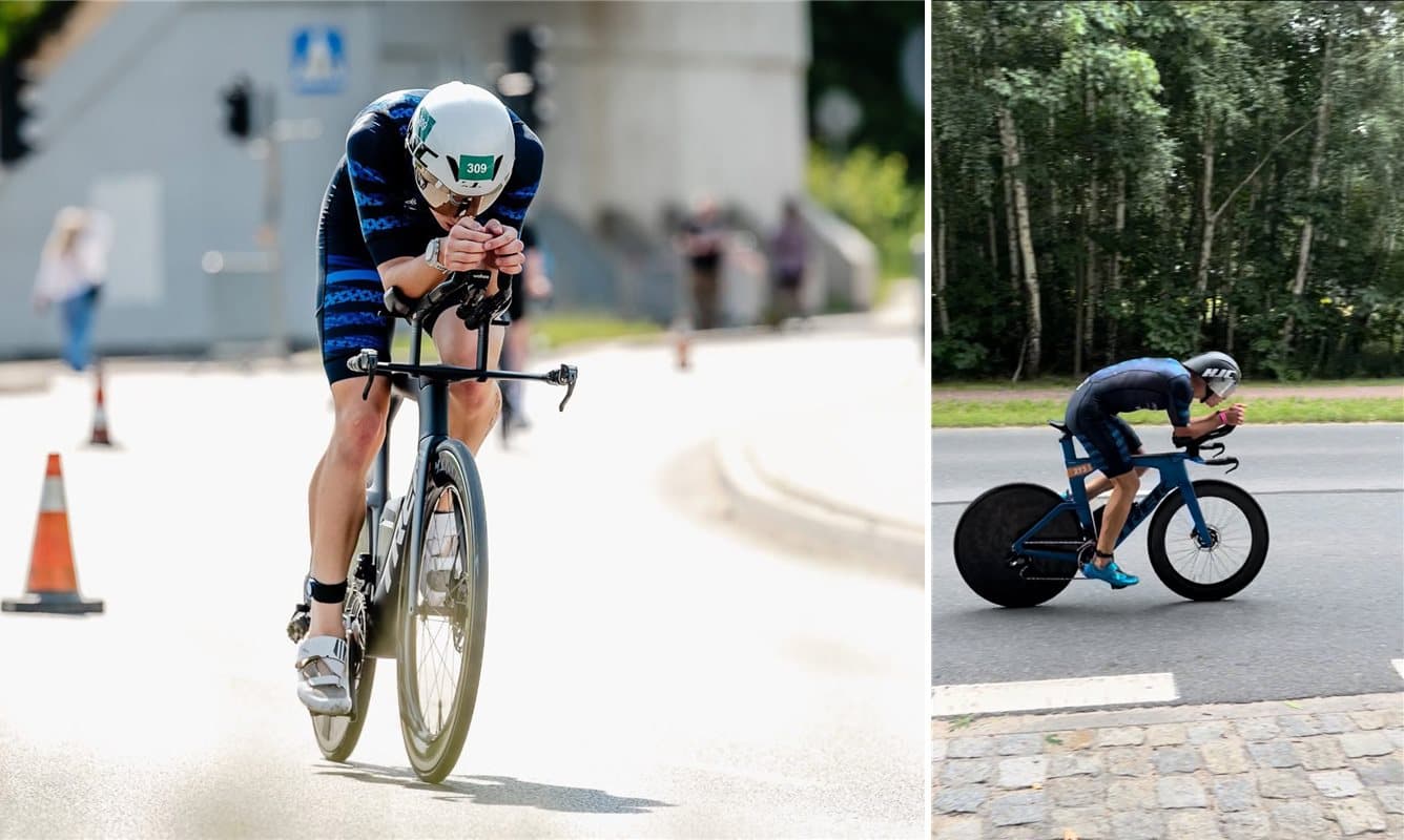 Gierach Team na trasie zawodow triathlonowych - dwoje zawodnikow na rowerach czasowych